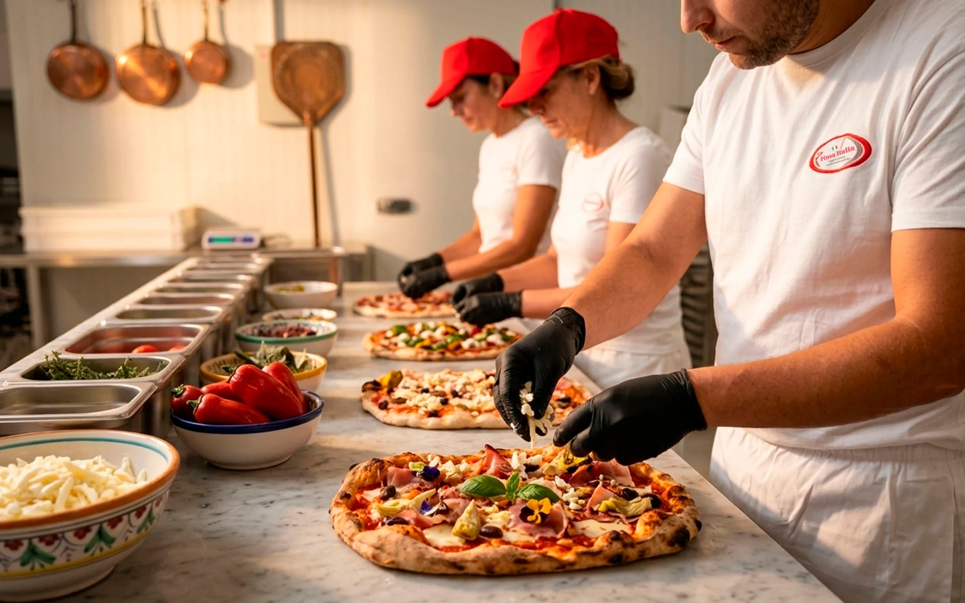 Het team van Pinsa Italia belegt pinsa’s in de Italiaanse keuken