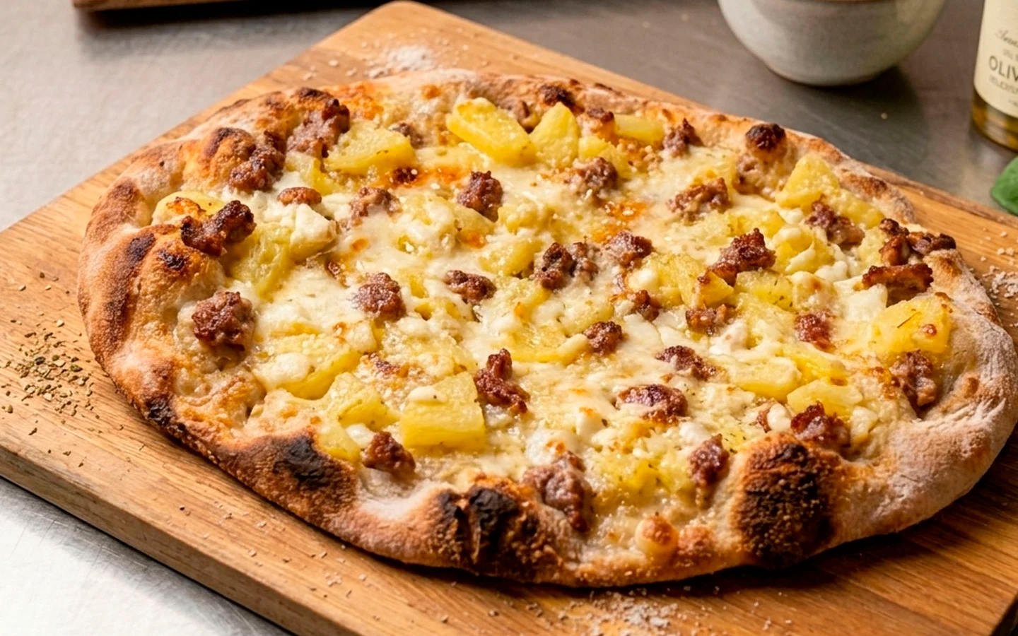 Productfoto van Pinsa Romana Patate e Salsiccia — Pinsa Italia