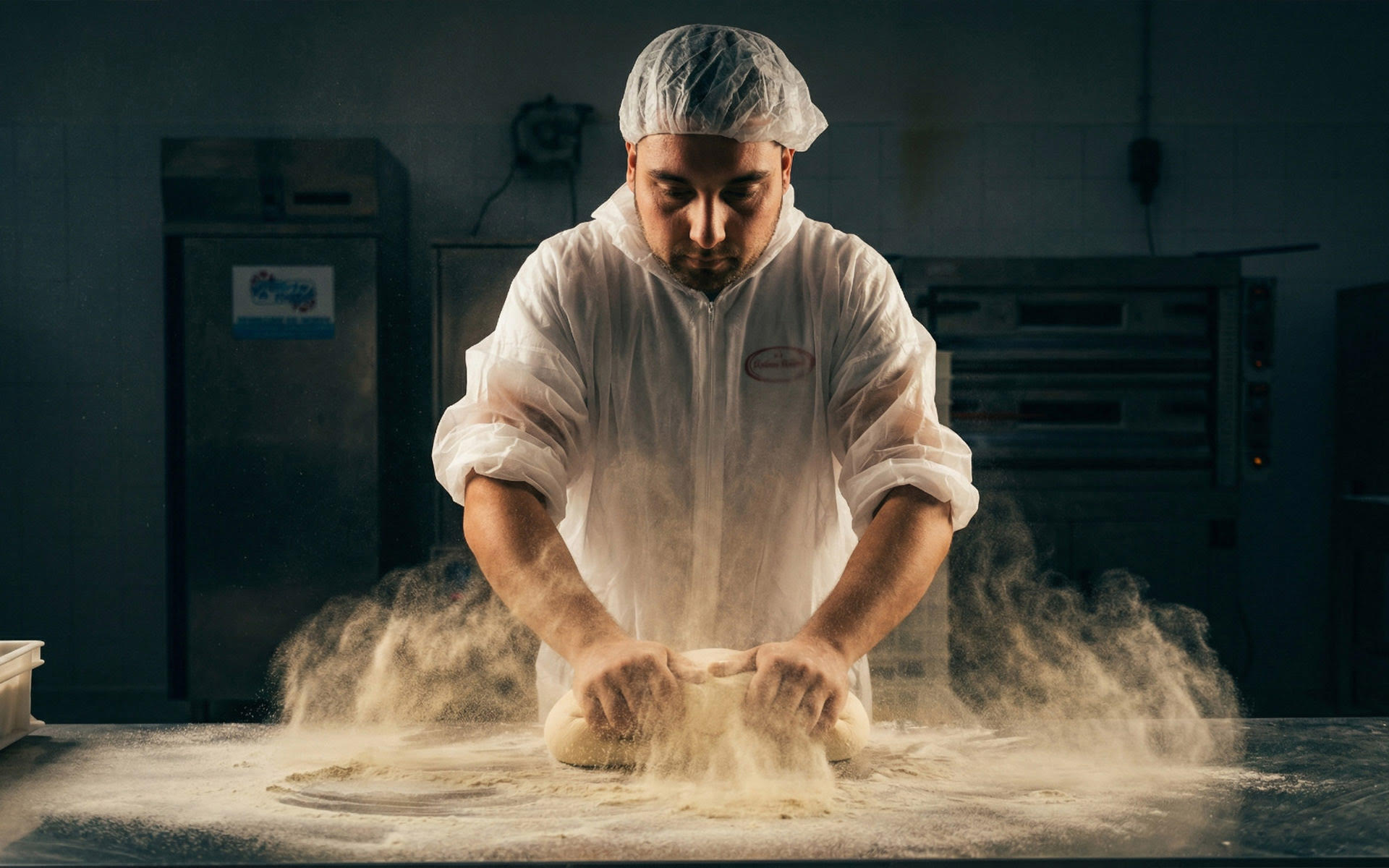 Een bakker van Pinsa Italia bewerkt pinsadeeg met de hand op een met bloem bestoven werkblad